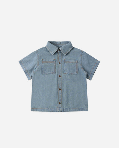 Rylee + Cru Denim Short Sleeve Overshirt - Washed Blue