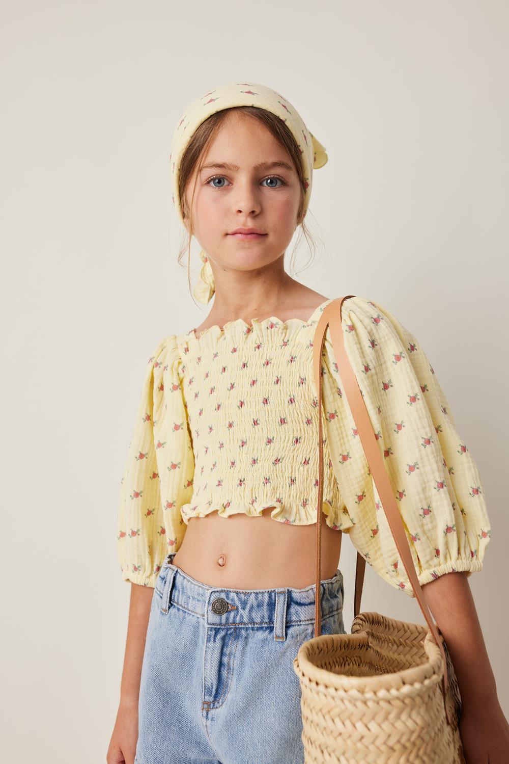 Tocoto Vintage Flower Print Honeycomb Balloon Sleeve Blouse - Yellow