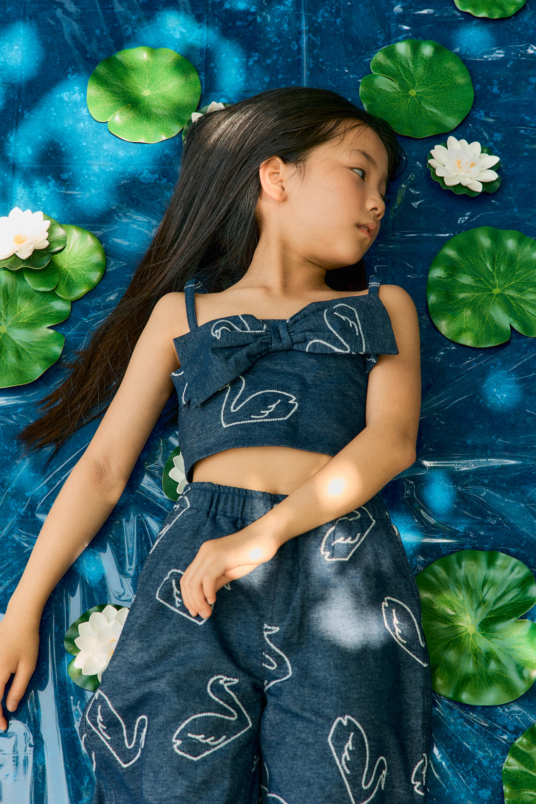 Tiny Cottons Big Swans Denim Bow Top - Dark Wash Denim