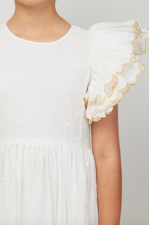 Petite Amalie Gold Scallop Dress - White/ Gold