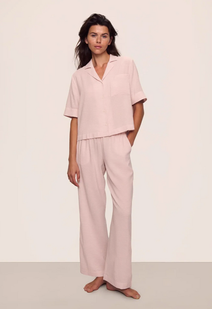 Eberjey Nautico Relaxed Short Sleeve Pant PJ Set - Feeder Stripes Pale Mauve/White