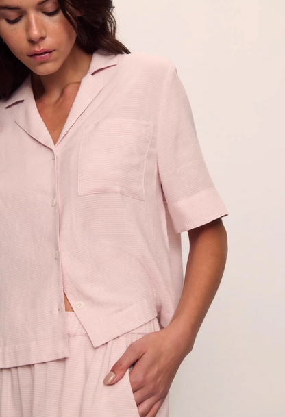 Eberjey Nautico Relaxed Short Sleeve Pant PJ Set - Feeder Stripes Pale Mauve/White