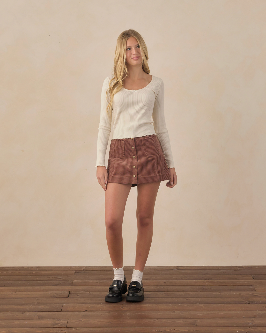 Rylee + Cru Teen Ribbed Long Sleeve Knit Tee - Natural