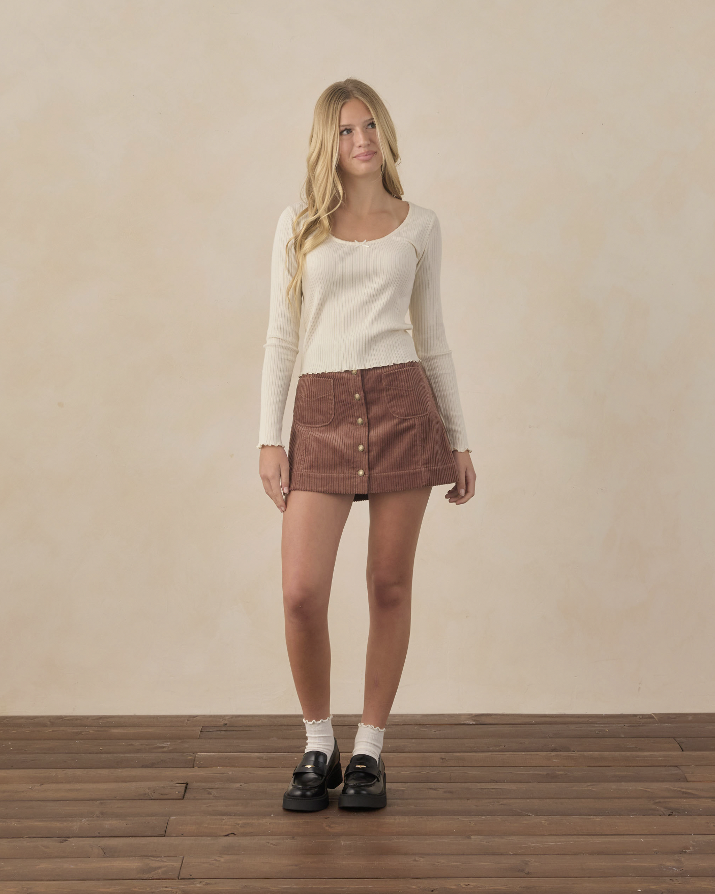 Rylee + Cru Teen Ribbed Long Sleeve Knit Tee - Natural