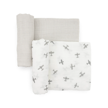 Little Unicorn Organic Cotton Muslin Swaddle Blanket 2 Pack - Pewter Planes