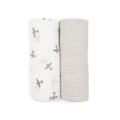 Little Unicorn Organic Cotton Muslin Swaddle Blanket 2 Pack - Pewter Planes