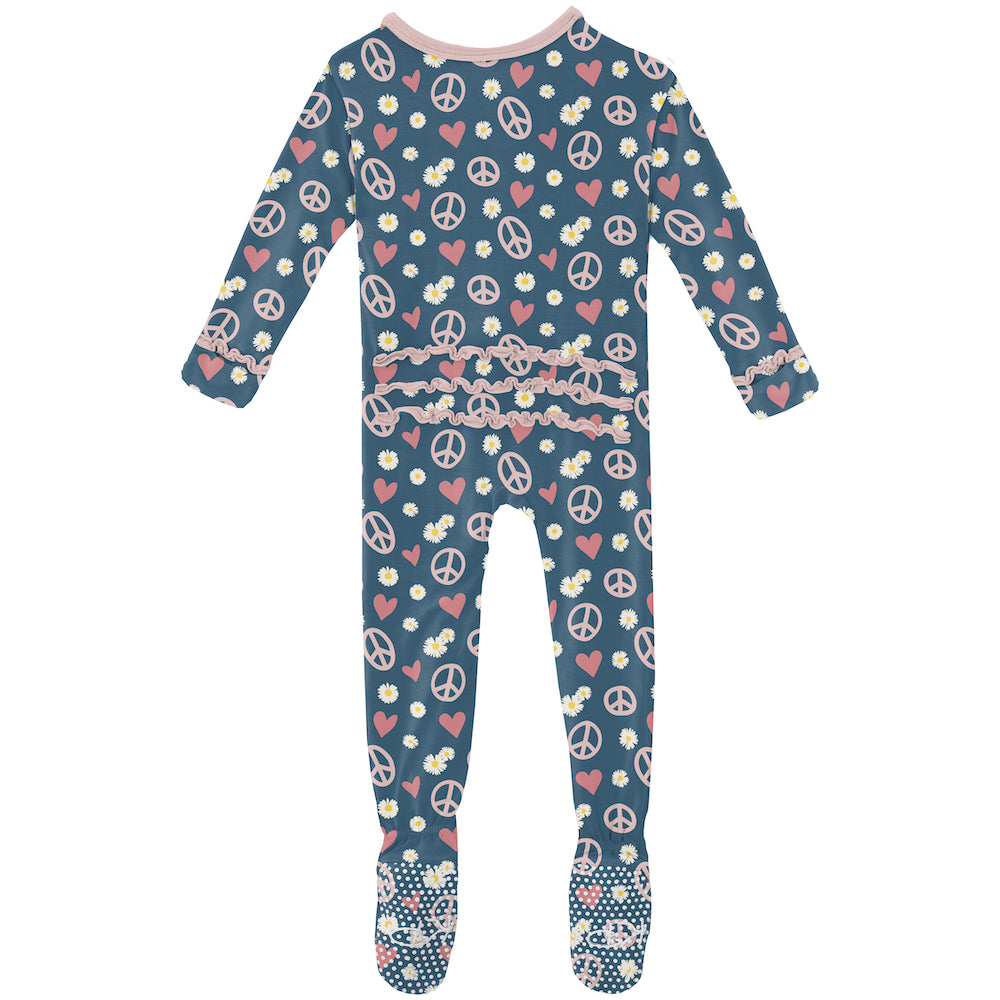 Kickee Pants Print Muffin Ruffle Footie With Zipper - Peace, Love And Happiness