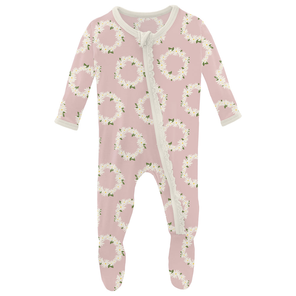 Kickee Pants Print Muffin Ruffle Footie With Zipper - Baby Rose Daisy Crowns