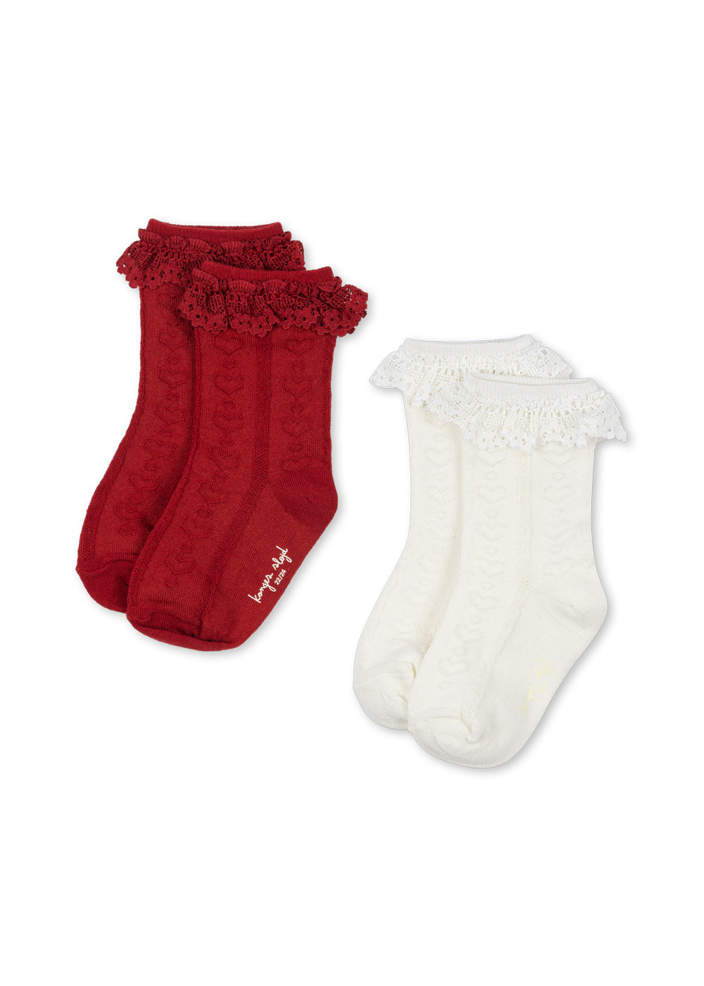 Konges Sløjd 2 Pack Pointelle Frill Socks - Red/Off White