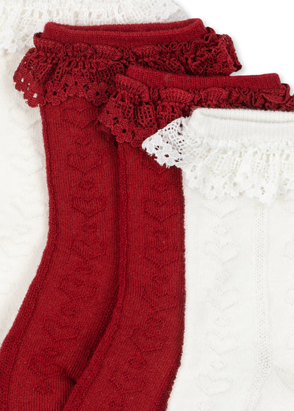 Konges Sløjd 2 Pack Pointelle Frill Socks - Red/Off White