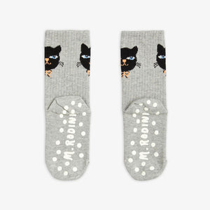 Mini Rodini Anti-Slip Cat Socks - Grey Melange