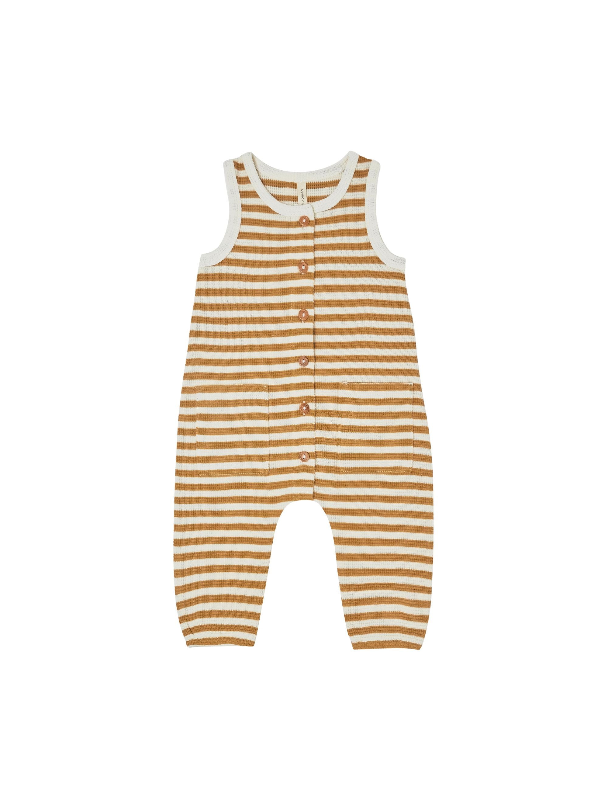 Quincy Mae Waffle Sleeveless Jumpsuit - Ocre Stripe