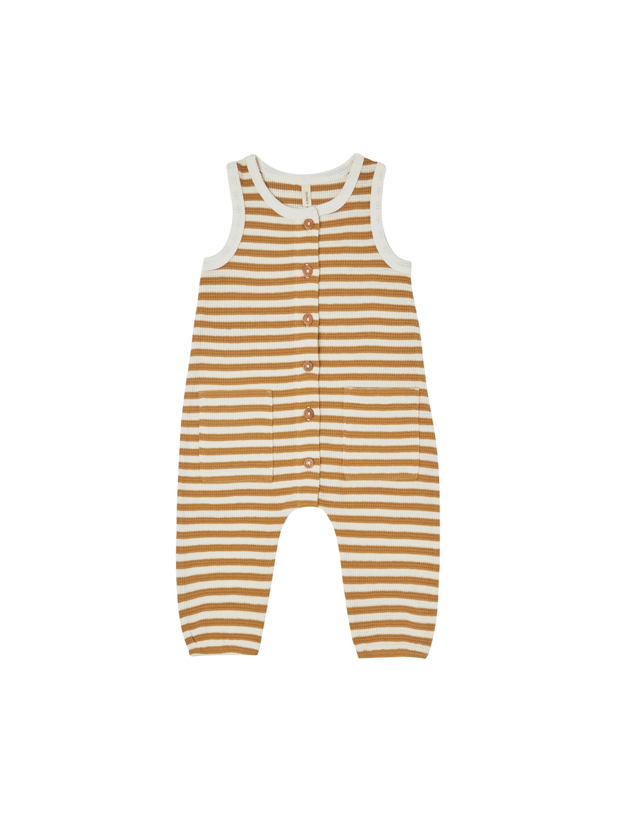 Quincy Mae Waffle Sleeveless Jumpsuit - Ocre Stripe