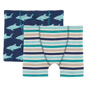 Kickee Pants Print Boy's Boxer Briefs Set - Flag Blue Sharky & Sand and Sea Stripe