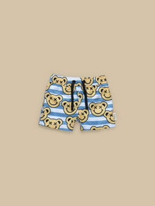 Huxbaby Smiley Bear Swim Shorts - Faded Denim + White Stripe