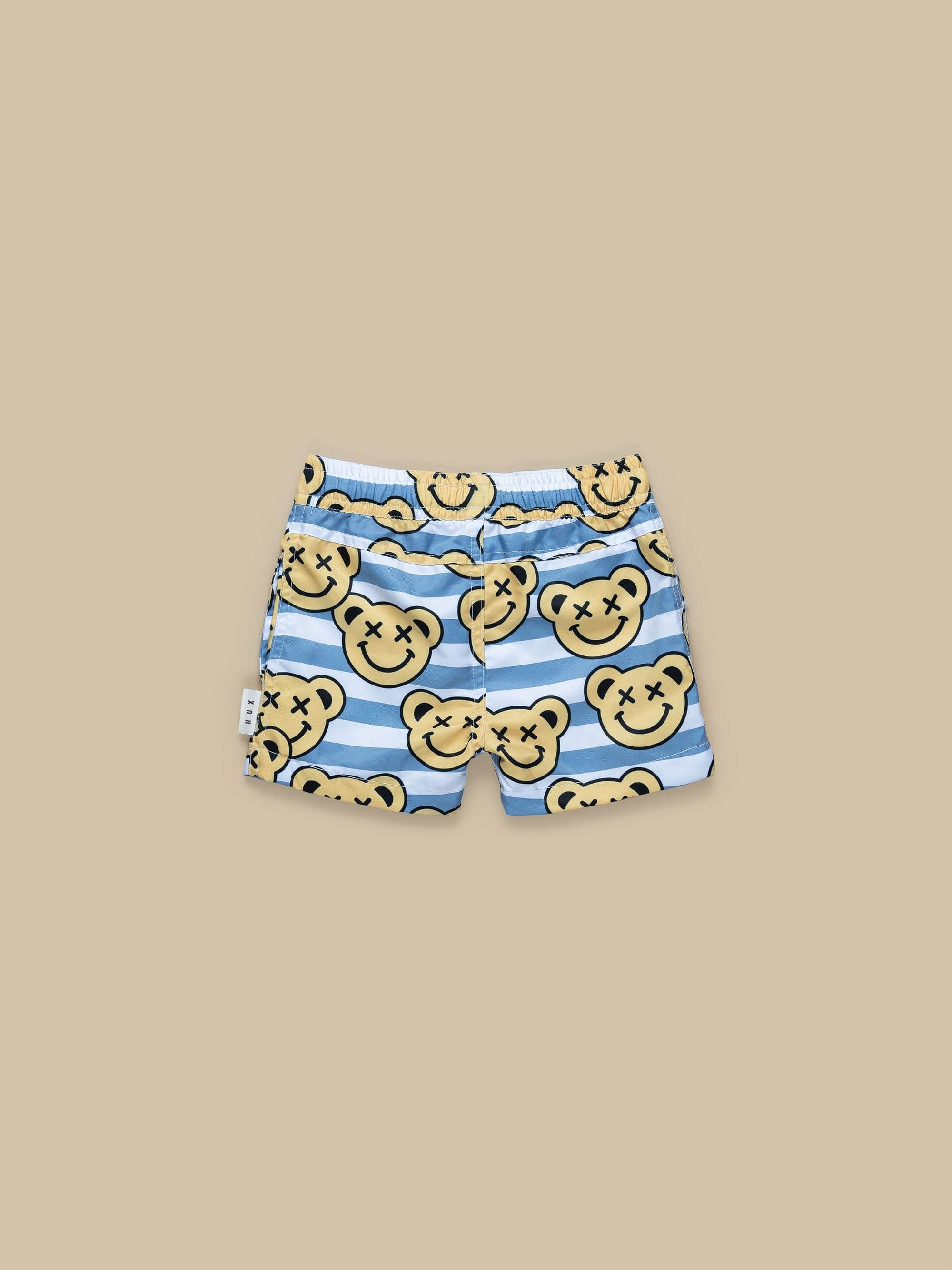 Huxbaby Smiley Bear Swim Shorts - Faded Denim + White Stripe