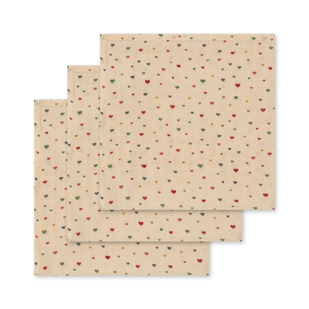 Konges Sløjd 3 Pack Muslin Cloth GOTS - Multi Hearts