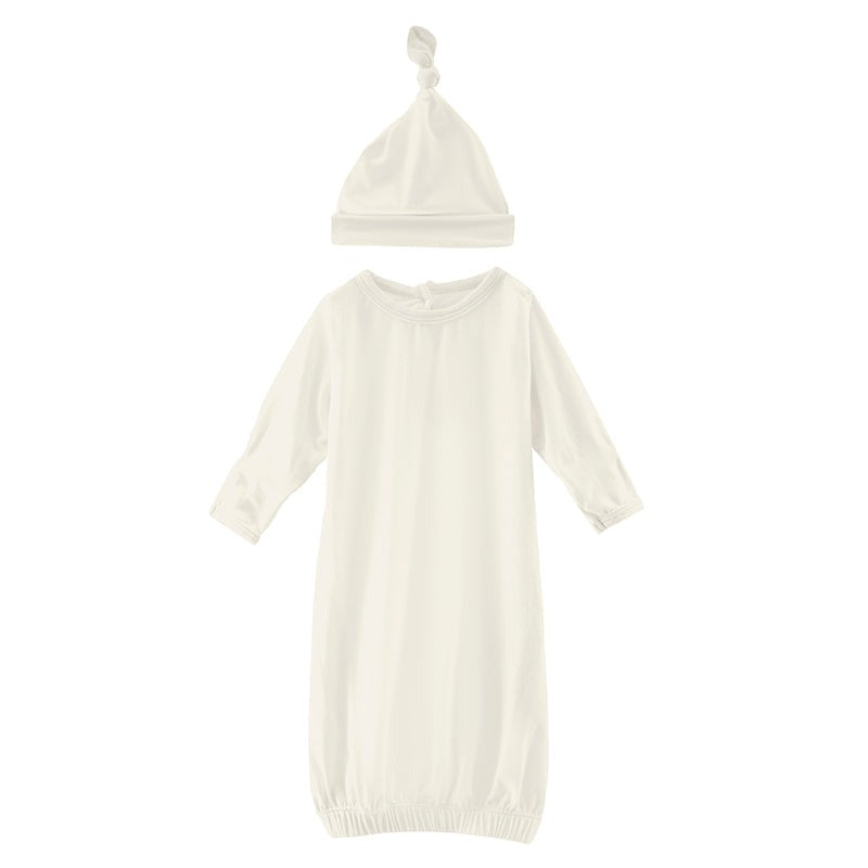 Kickee Pants Solid Layette Gown and Signle Knot Hat Set - Natural