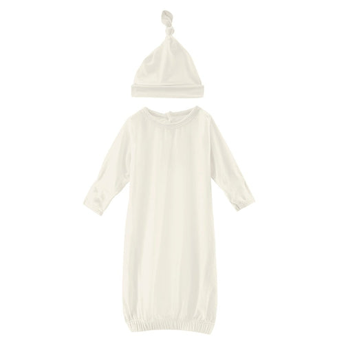 Kickee Pants Solid Layette Gown and Signle Knot Hat Set - Natural