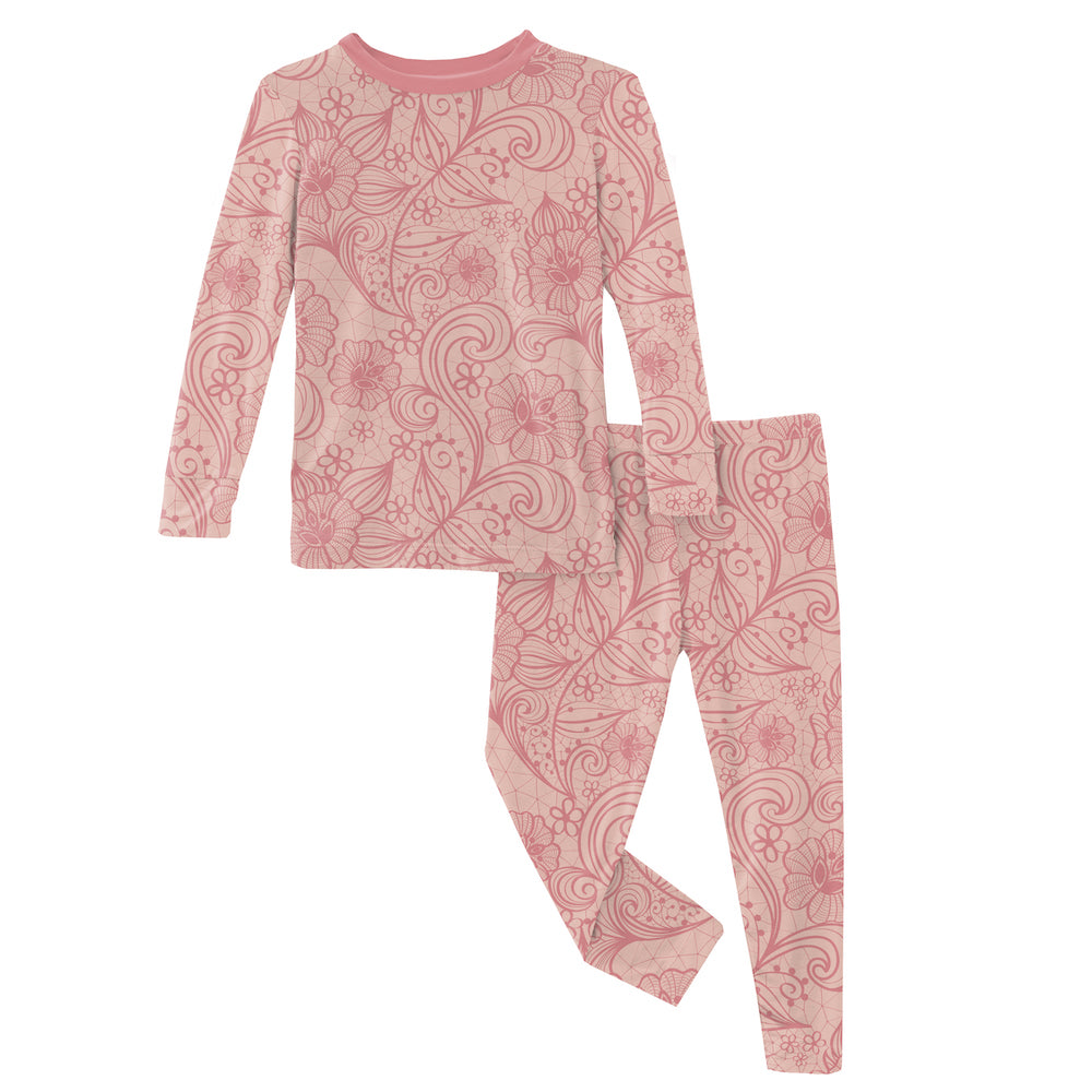 Kickee Pants Print Long Sleeve Pajama Set - Peach Blossom Lace