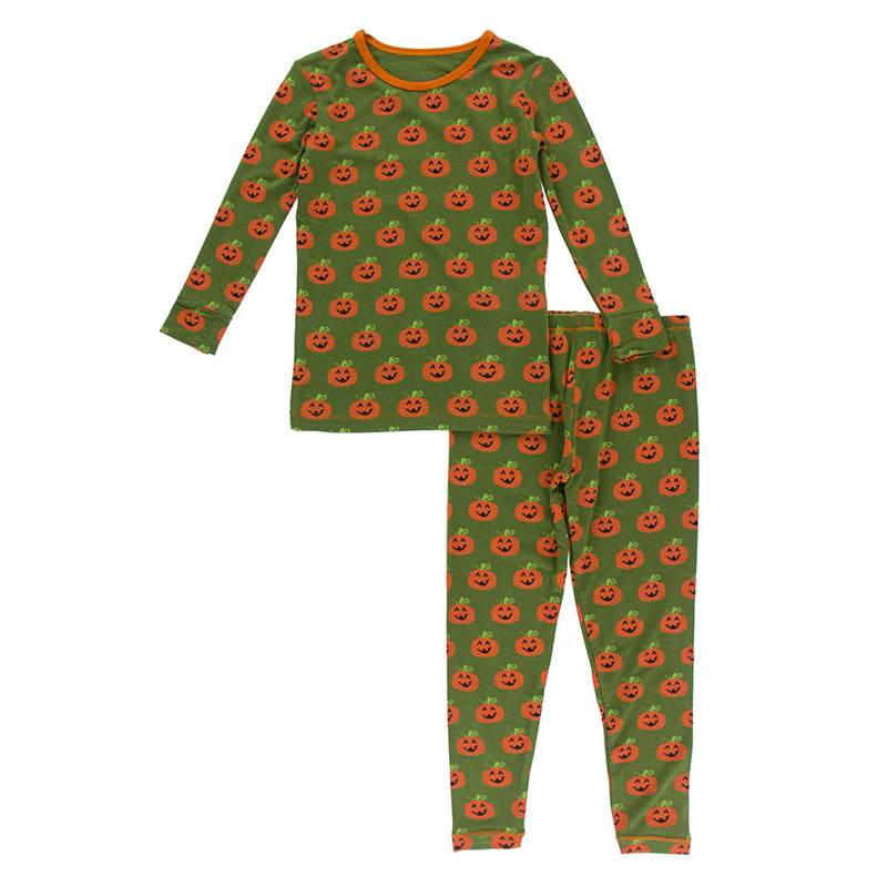 Kickee Pants Print Long Sleeve Pajama Set - Moss Jack O'Lantern