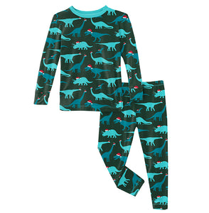 Kickee Pants Print Long Sleeve Pajama Set - Santa Dinos