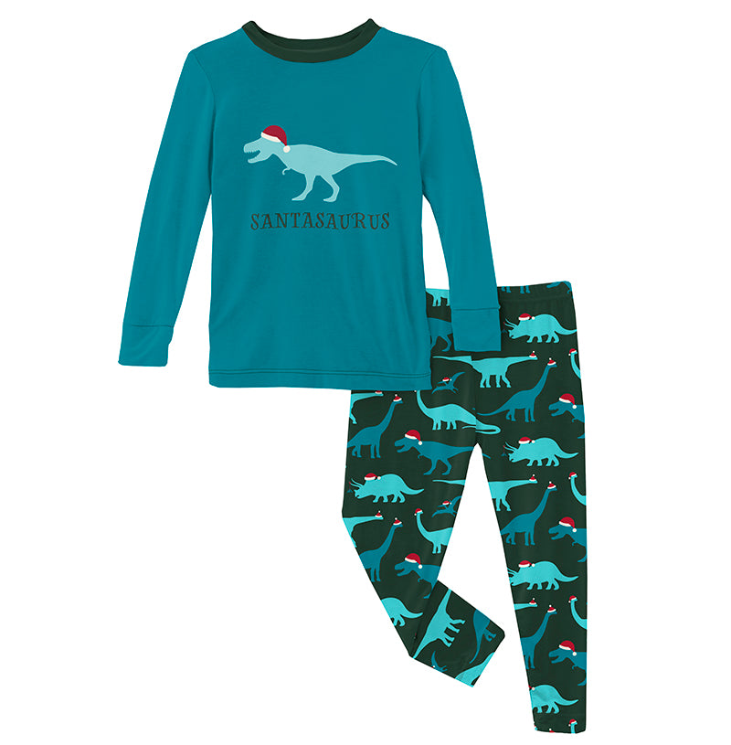 Kickee Pants Long Sleeve Graphic Tee Pajama Set - Santa Dinos