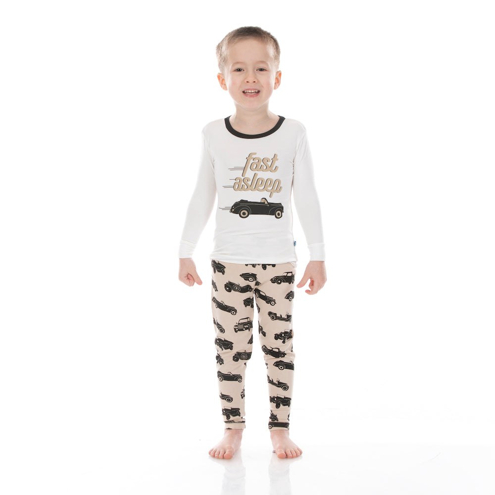 Kickee Pants Long Sleeve Graphic tee Pajama Set - Burlap Vintage Cars