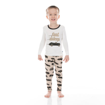 Kickee Pants Long Sleeve Graphic tee Pajama Set - Burlap Vintage Cars