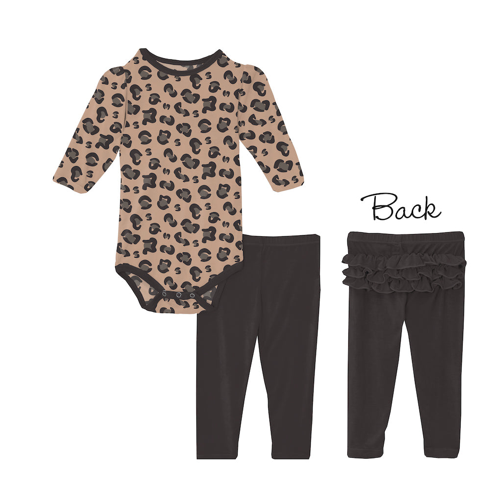 Kickee Pants Print Long Sleeve Puff One Piece And Ruffle Leggings Outfit Set - Suede Cheetah Print
