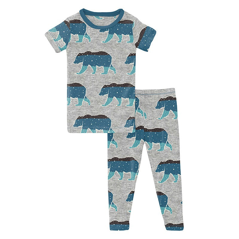 Kickee Pants Print Short Sleeve Pajama Set - Heather Mist Night Sky Bear