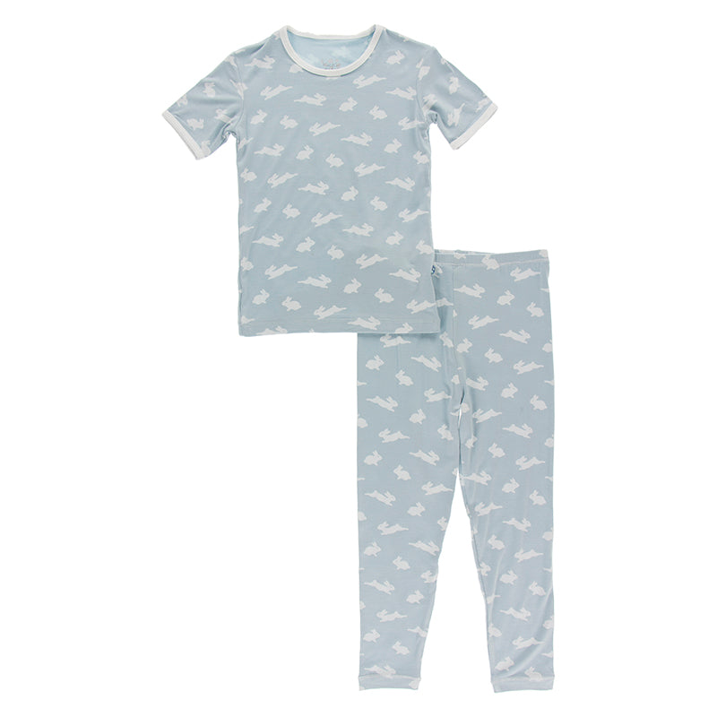 Kickee Pants Print Short Sleeve Pajama Set - Pearl Blue Bunny