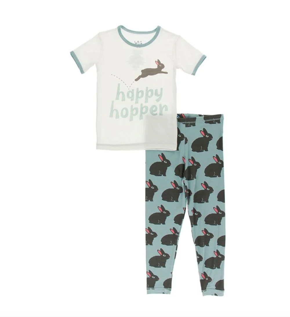 Kickee Pants Short Sleeve Graphic Tee Pajama Set - Jade Forest Rabbit