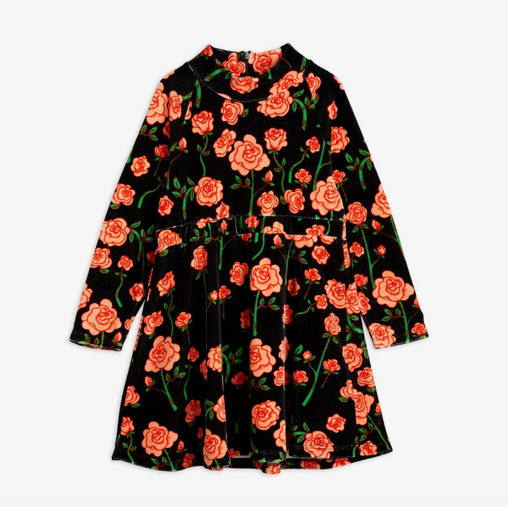 Mini Rodini Roses Velour Long Sleeve Dress - Black