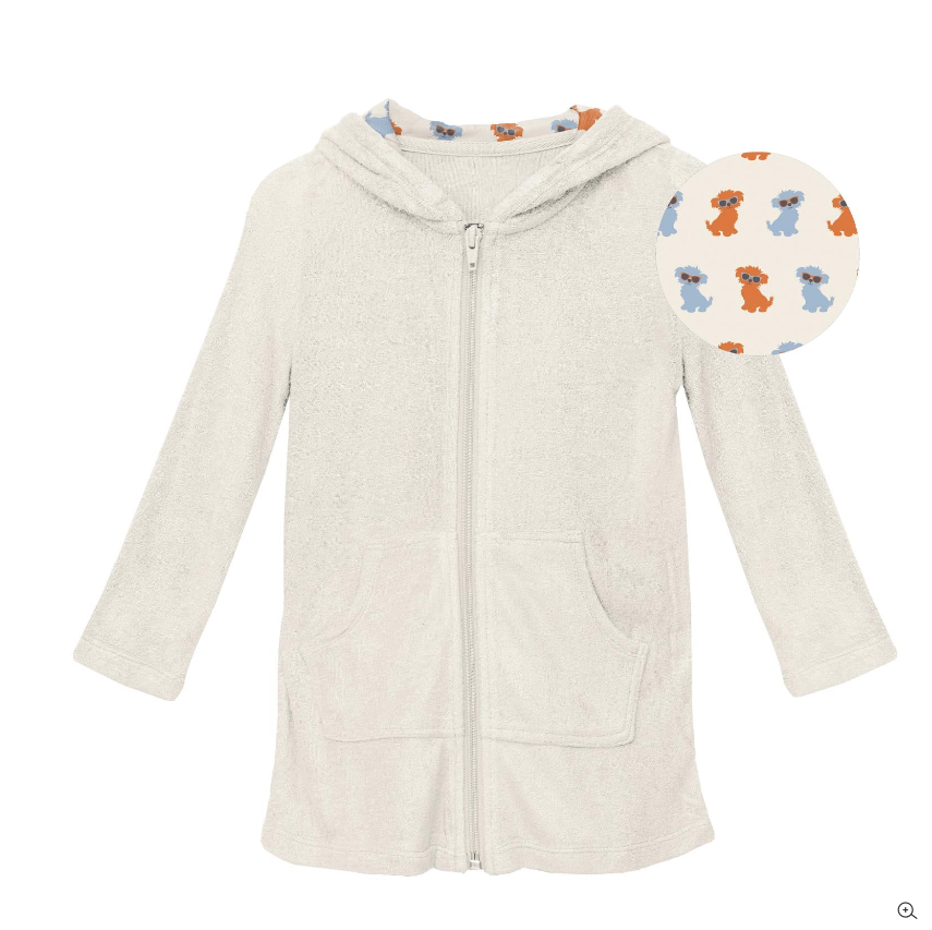 Kickee Pants Terry Zip-Front After Swim Robe - Natural with Natural Beach Pup