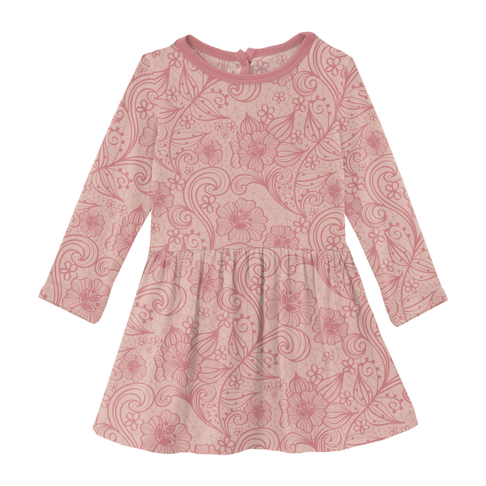 Kickee Pants Print Long Sleeve Twirl Dress - Peach Blossom Lace