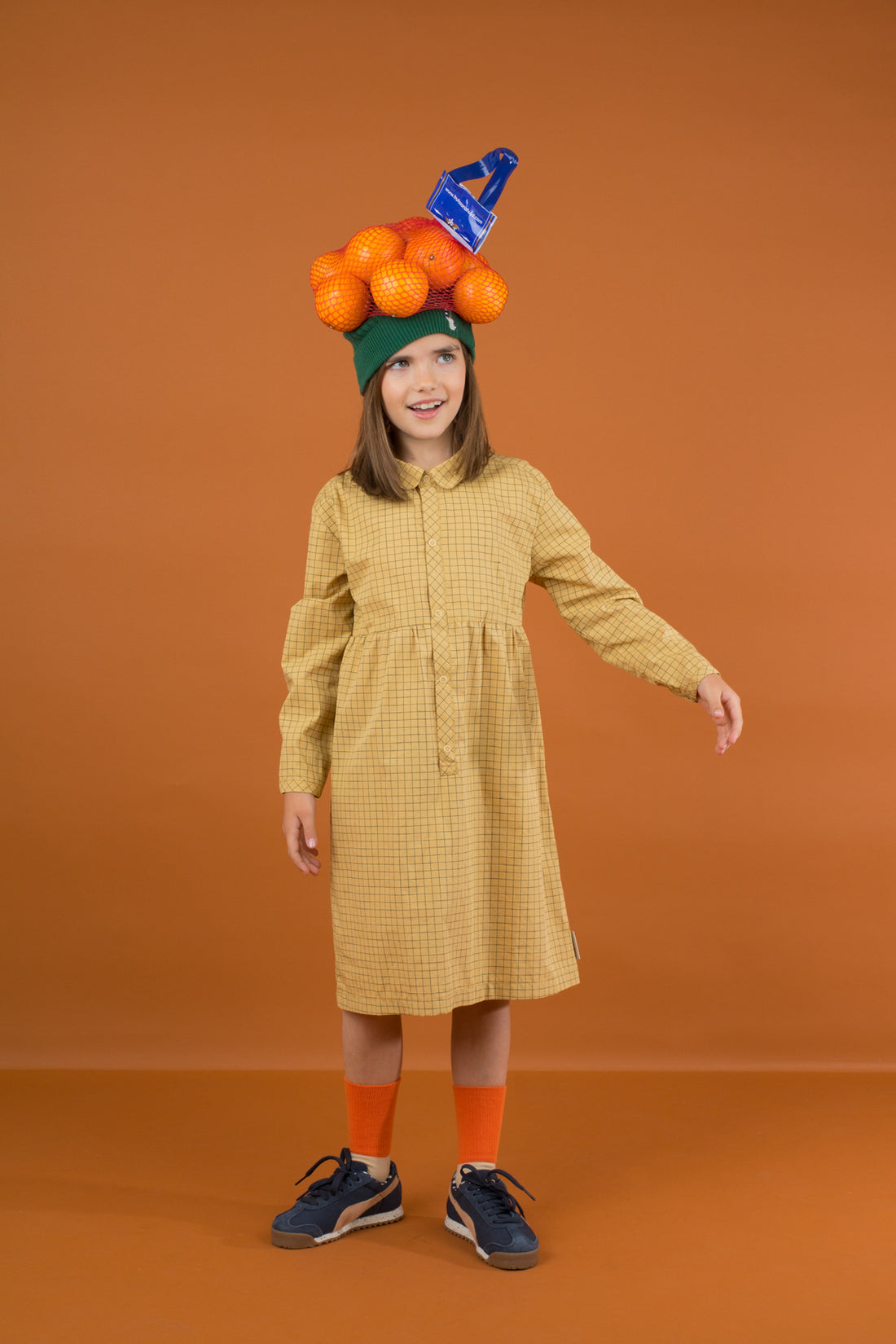 Tiny Cottons Grid Dress - Sand/Dark Green