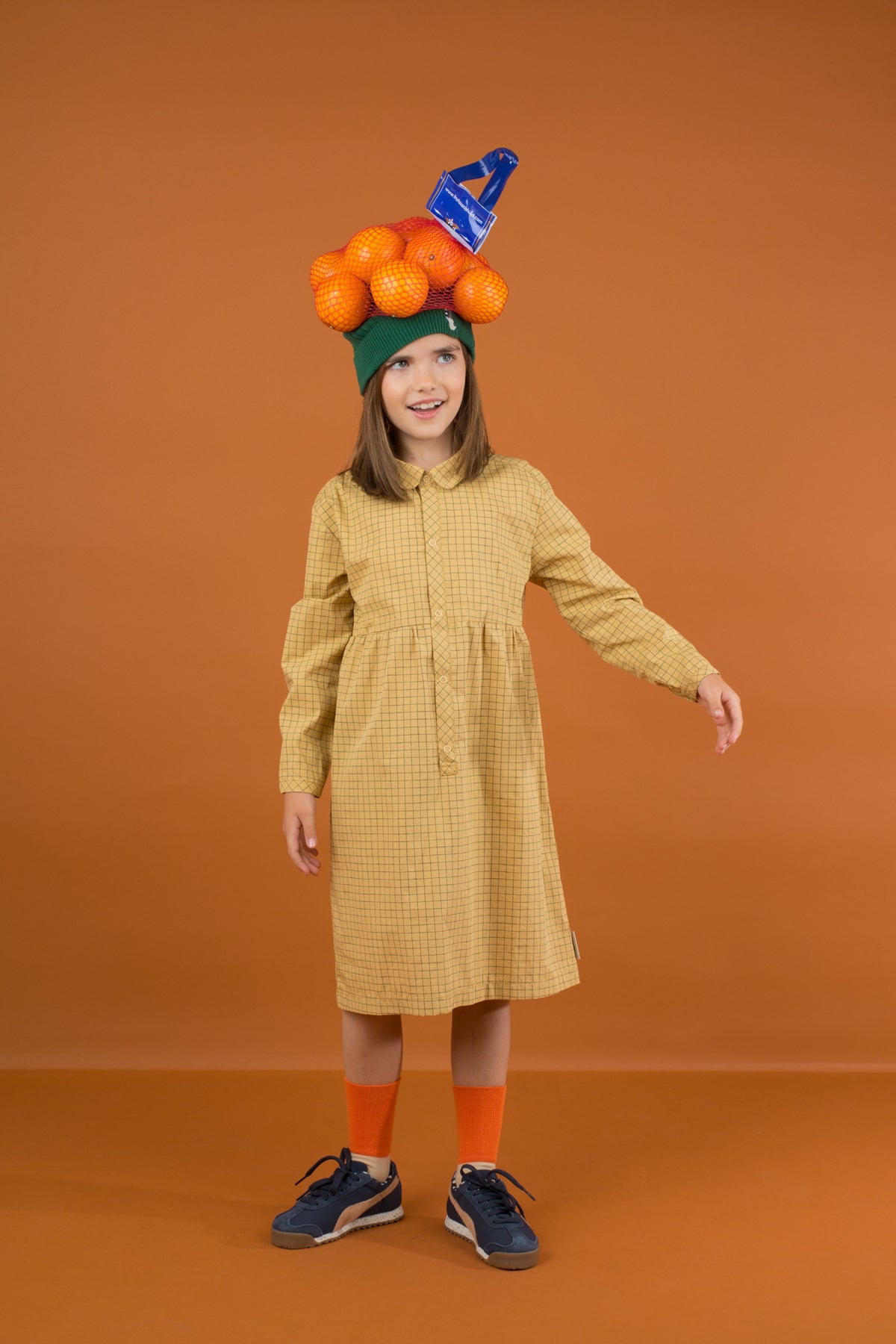 Tiny Cottons Grid Dress - Sand/Dark Green