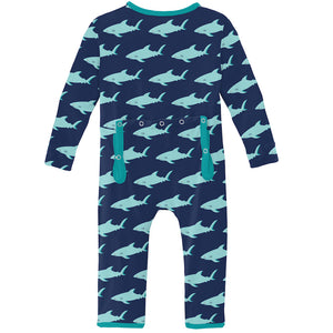 Kickee Pants Print Coverall with Zipper - Flag Blue Sharky