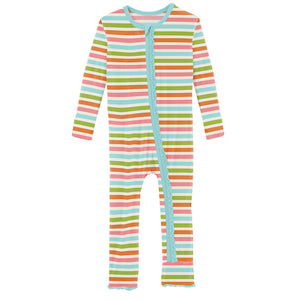 Kickee Pants Print Muffin Ruffle Coverall with Zipper - Beach Day Stripe