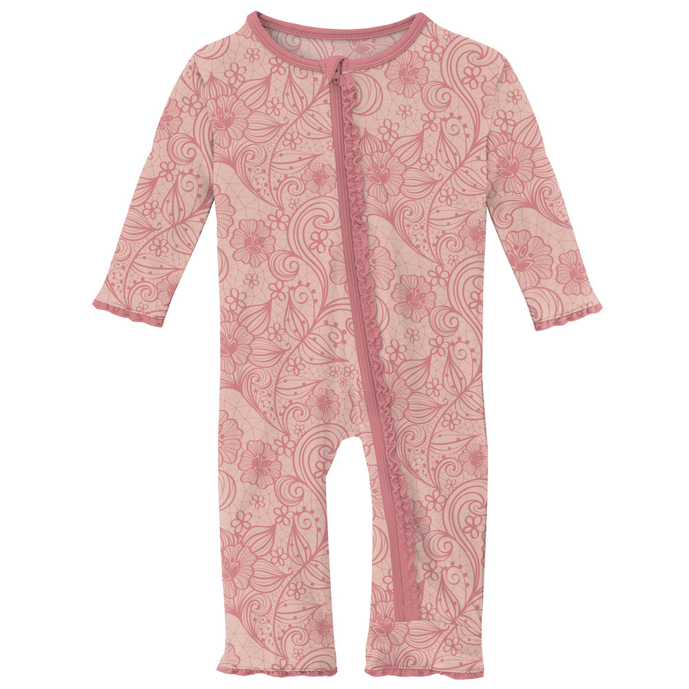 Kickee Pants Print Muffin Ruffle Coverall With Zipper - Peach Blossom Lace