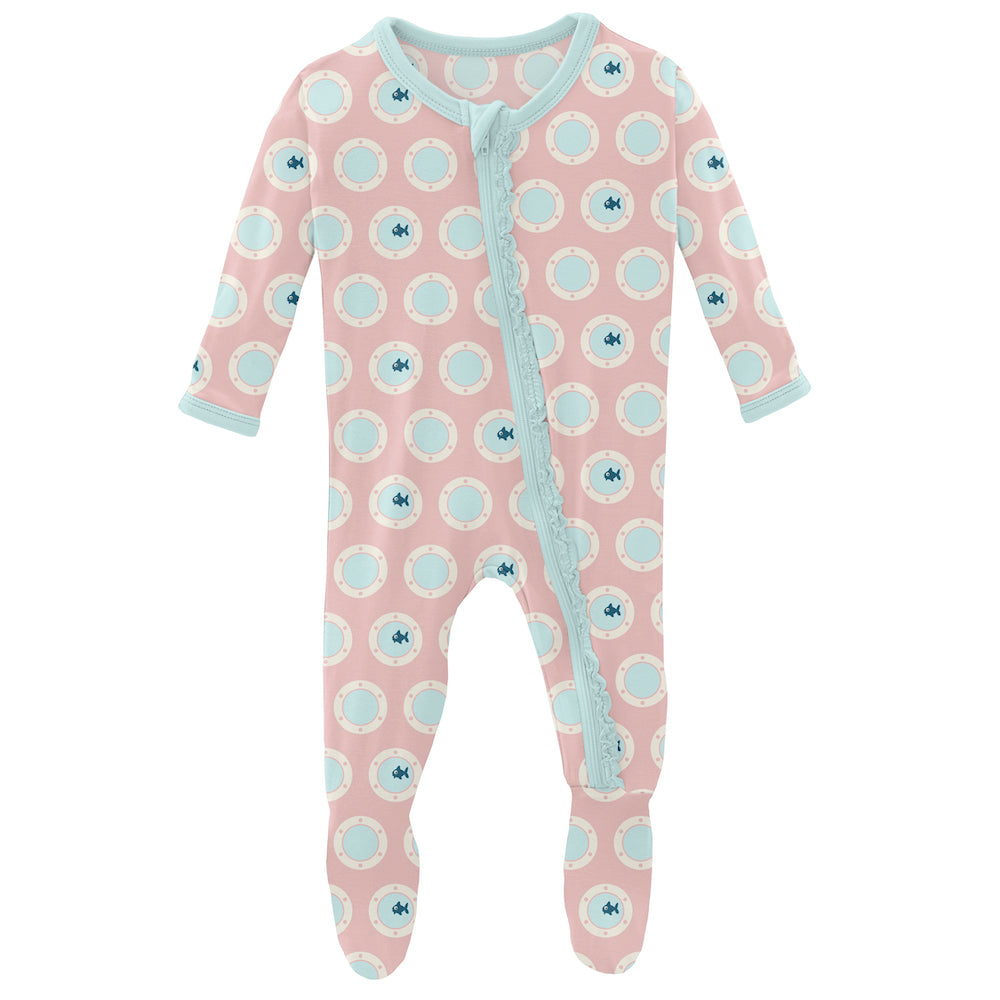 Kickee Pants Print Muffin Ruffle Footie With Zipper - Baby Rose Porthole