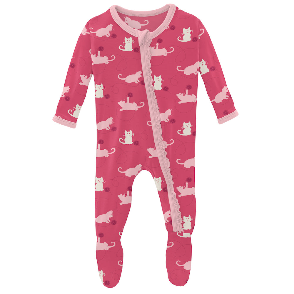 Kickee Pants Print Muffin Ruffle Footie With Zipper - Winter Rose Kitty