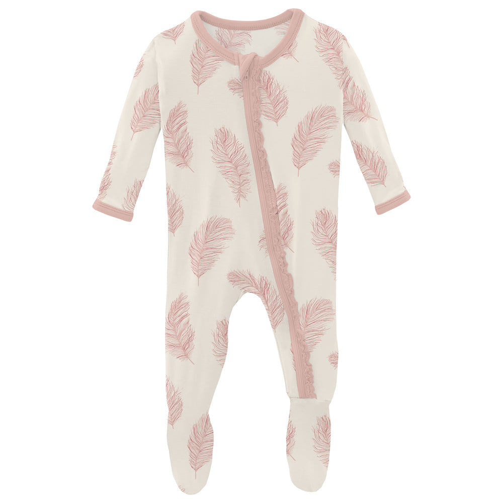 Kickee Pants Print Muffin Ruffle Footie With Zipper - Natural Feathers