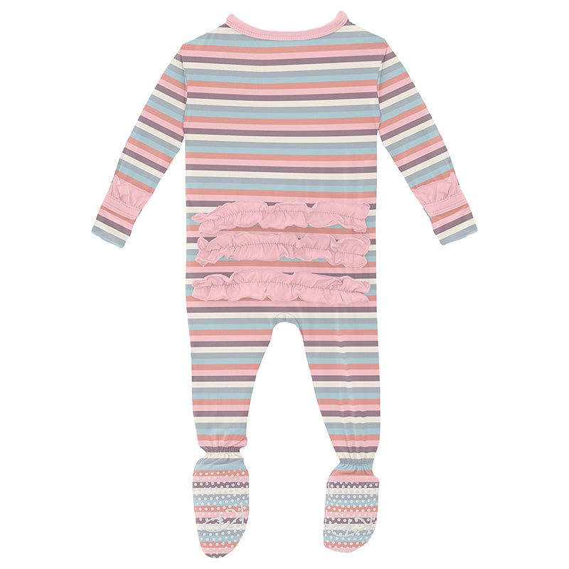 Kickee Pants Print Classic Ruffle Footie with Zipper - Spring Bloom Stripe