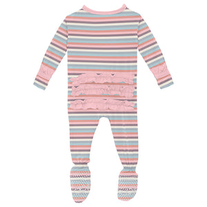 Kickee Pants Print Classic Ruffle Footie with Zipper - Spring Bloom Stripe