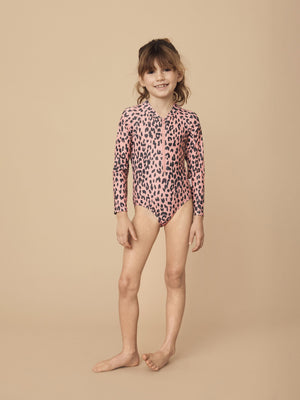 Huxbaby Leopard Long-Sleeve Zip Swimsuit - Dusty Rose