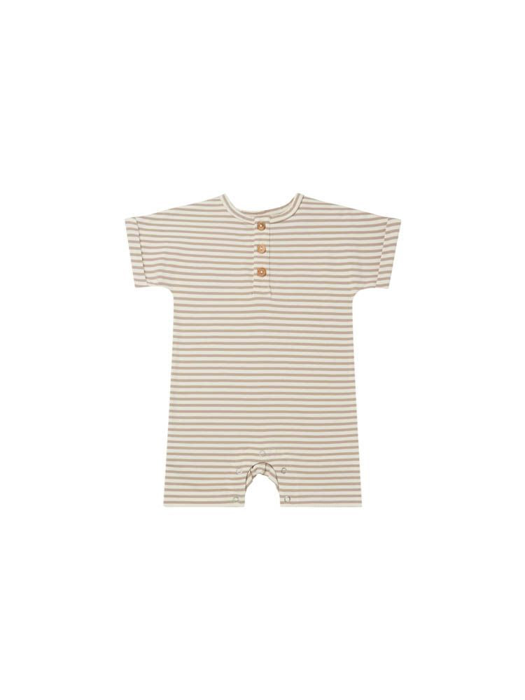 Quincy Mae Short-Sleeve Romper - Warm Grey Stripe